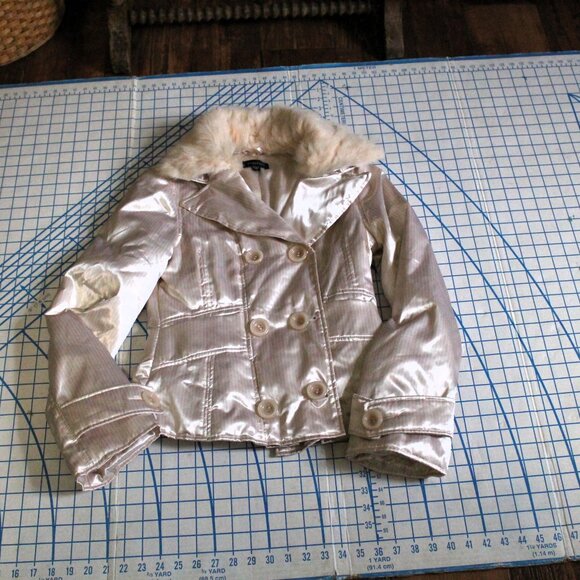 BEBE Satin Down Jacket with Removable Rabbit Fur Collar, Small - Picture 6 of 15